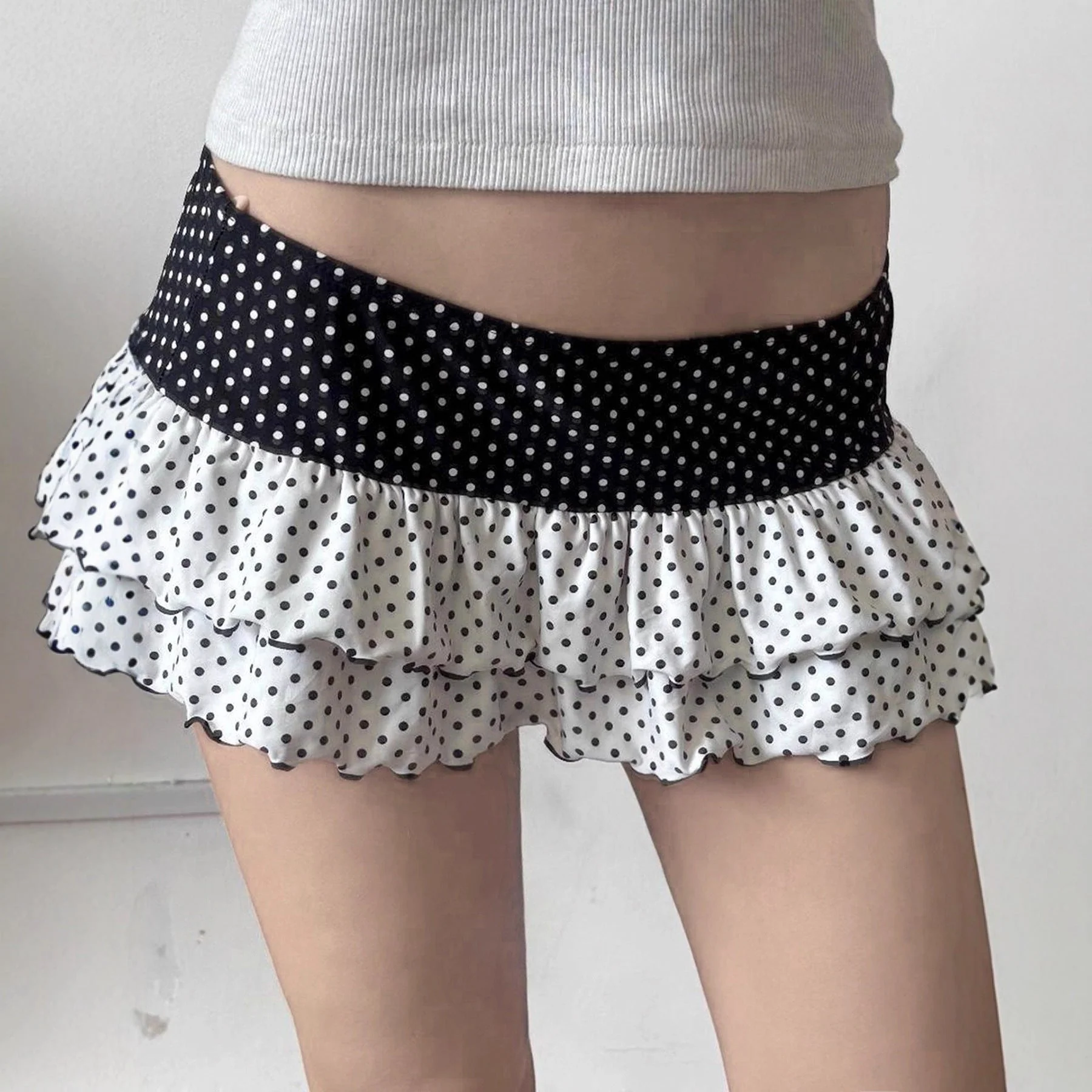 Polka Dot Patchwork Color Block Cute Tiered Slim Mini Skirt - Image 2