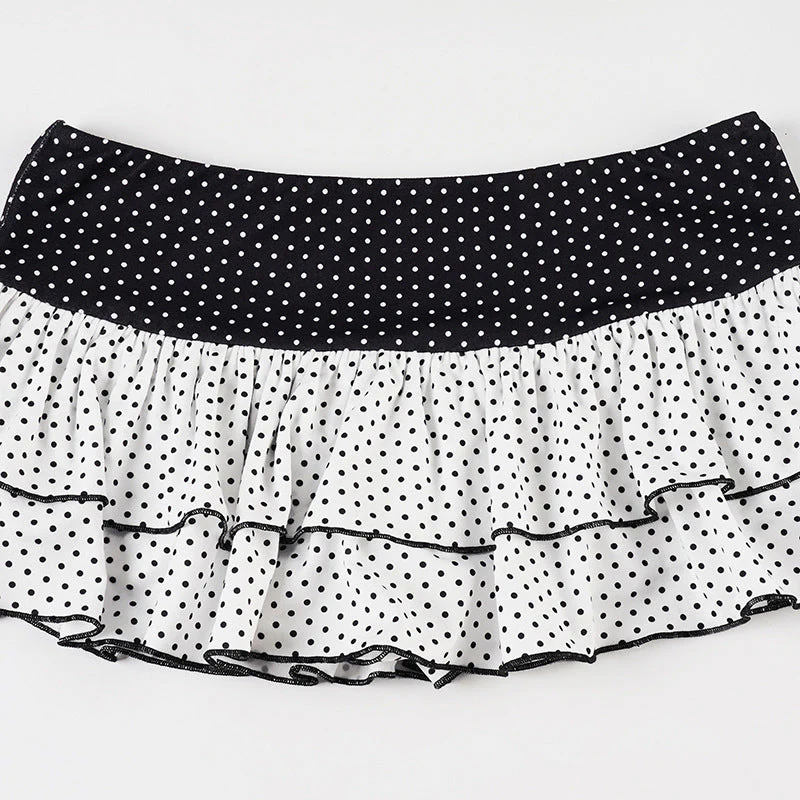 Polka Dot Patchwork Color Block Cute Tiered Slim Mini Skirt - Image 4