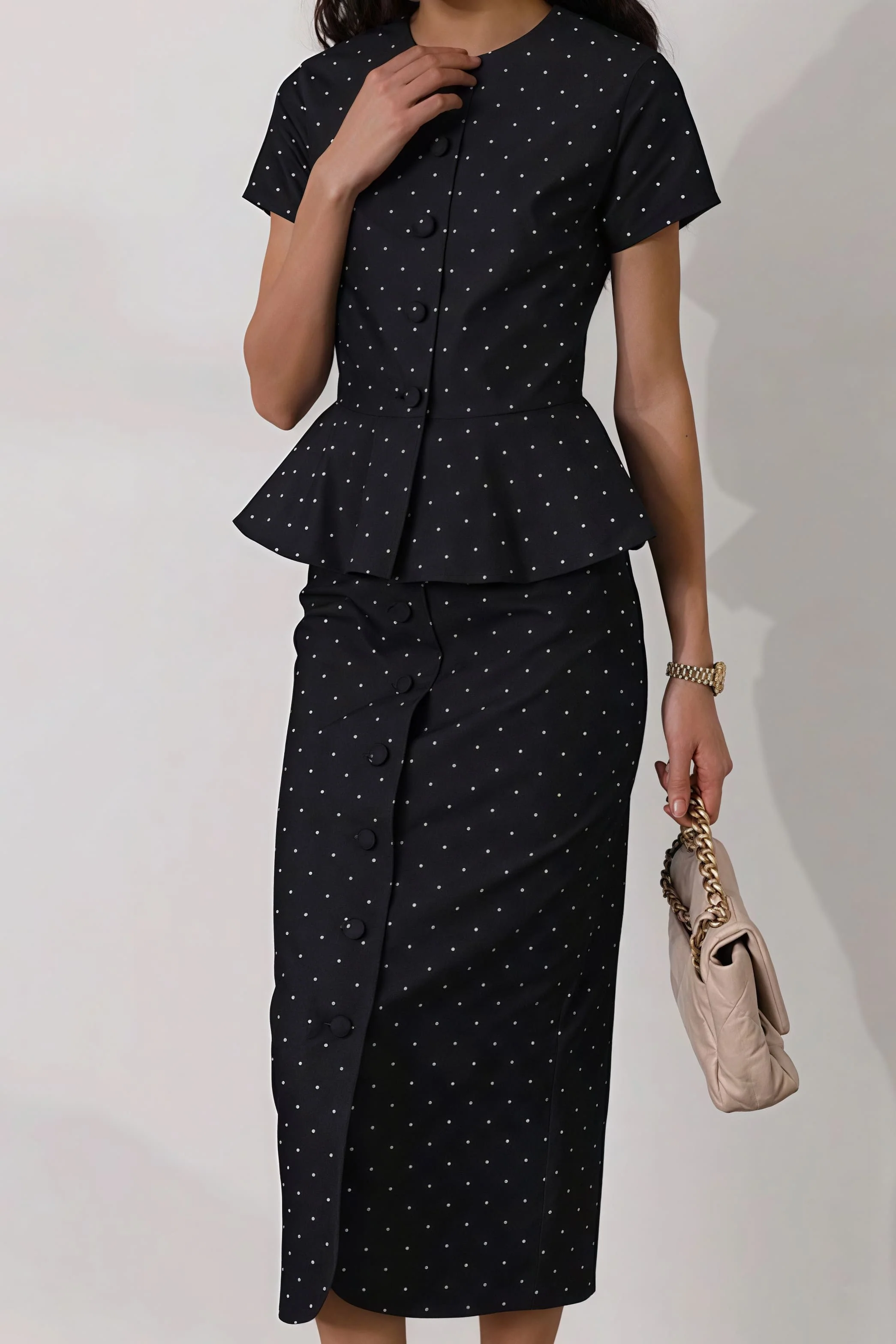 Polka Dot Print Short Sleeve Bodycon Skirt  Set - Image 4