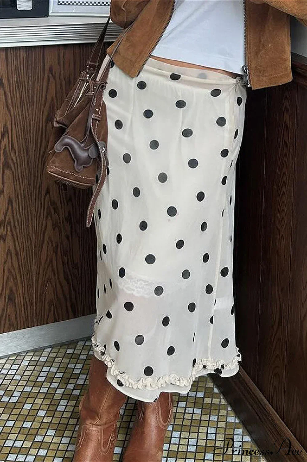 Polka Dot Satin High Waist A-Line Skirt - Image 2