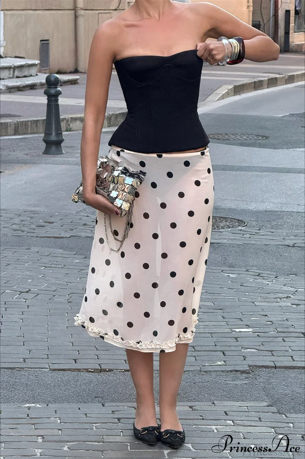 Polka Dot Satin High Waist A-Line Skirt - Image 3