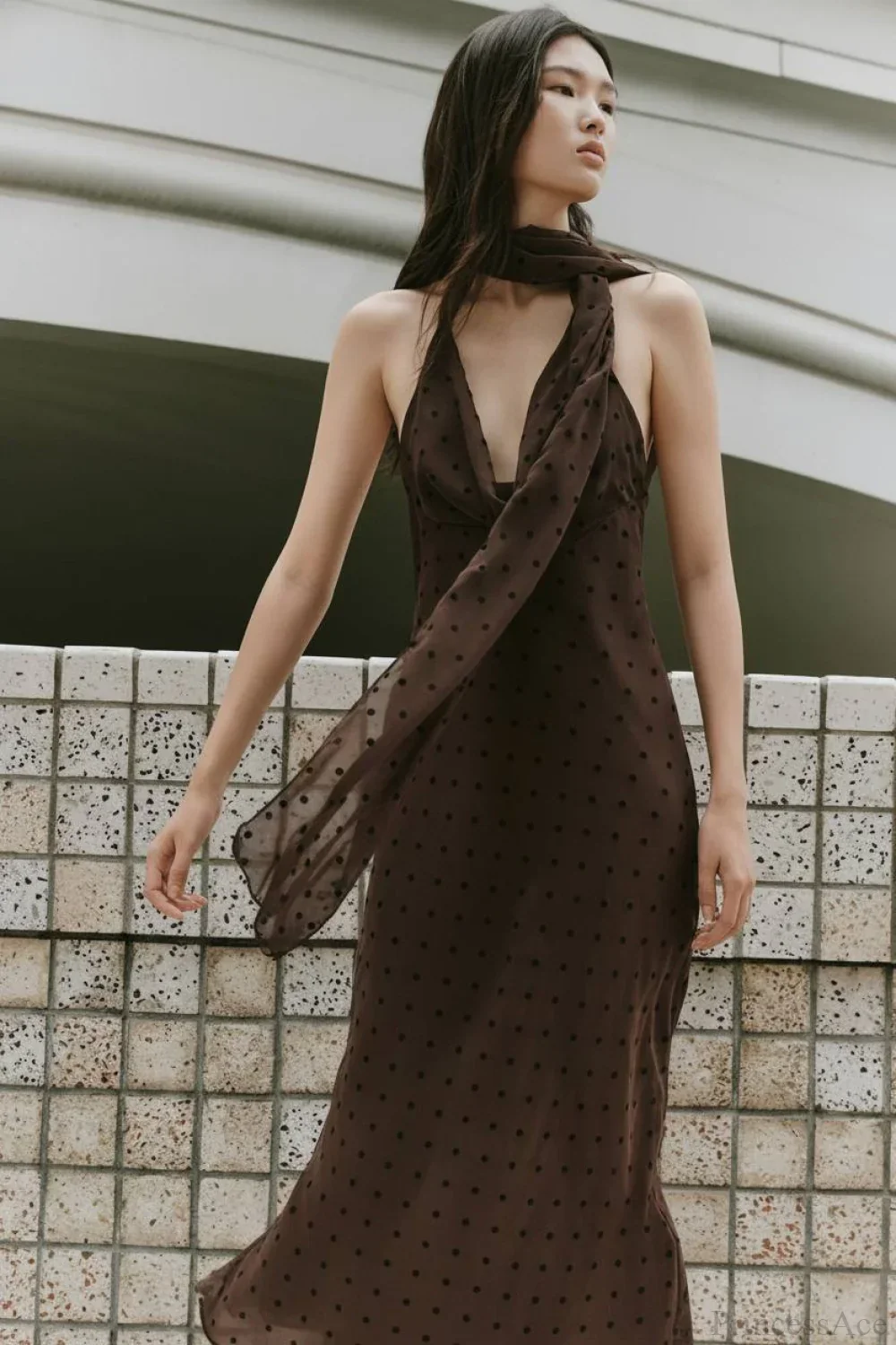 Polka Dot Scarf Neck Halter Maxi Dress - Image 3