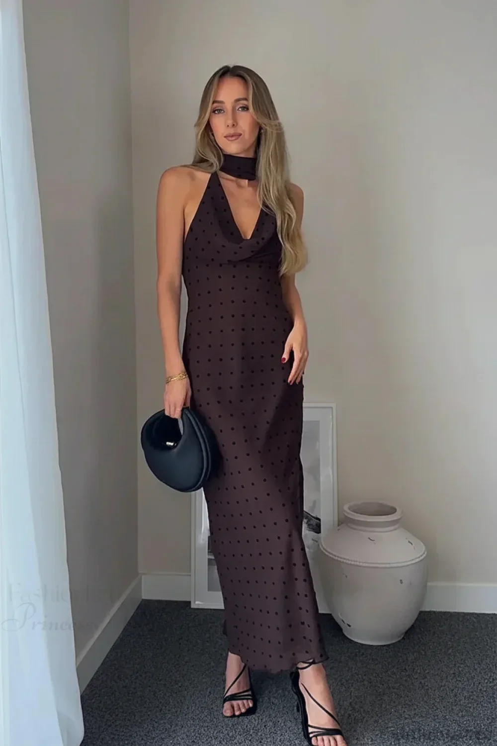 Polka Dot Scarf Neck Halter Maxi Dress - Image 4