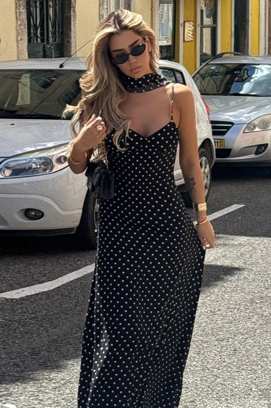 Polka Dot Sexy V Neck Cami Backless Maxi Dress - Image 3
