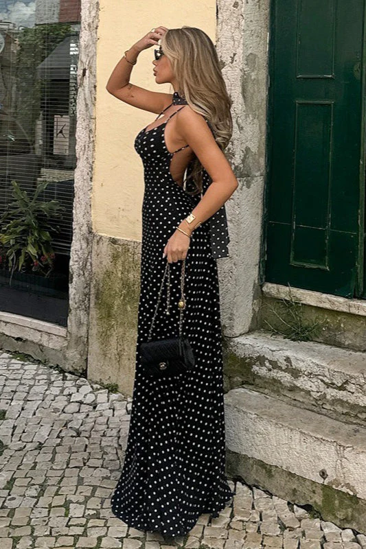 Polka Dot Sexy V Neck Cami Backless Maxi Dress - Image 5