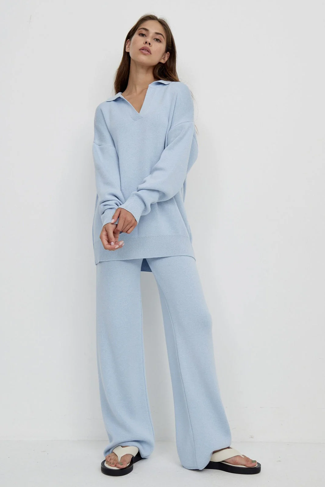 Polo Collar Knit Pullover Wide-Leg Pants Two Piece Set - Image 13