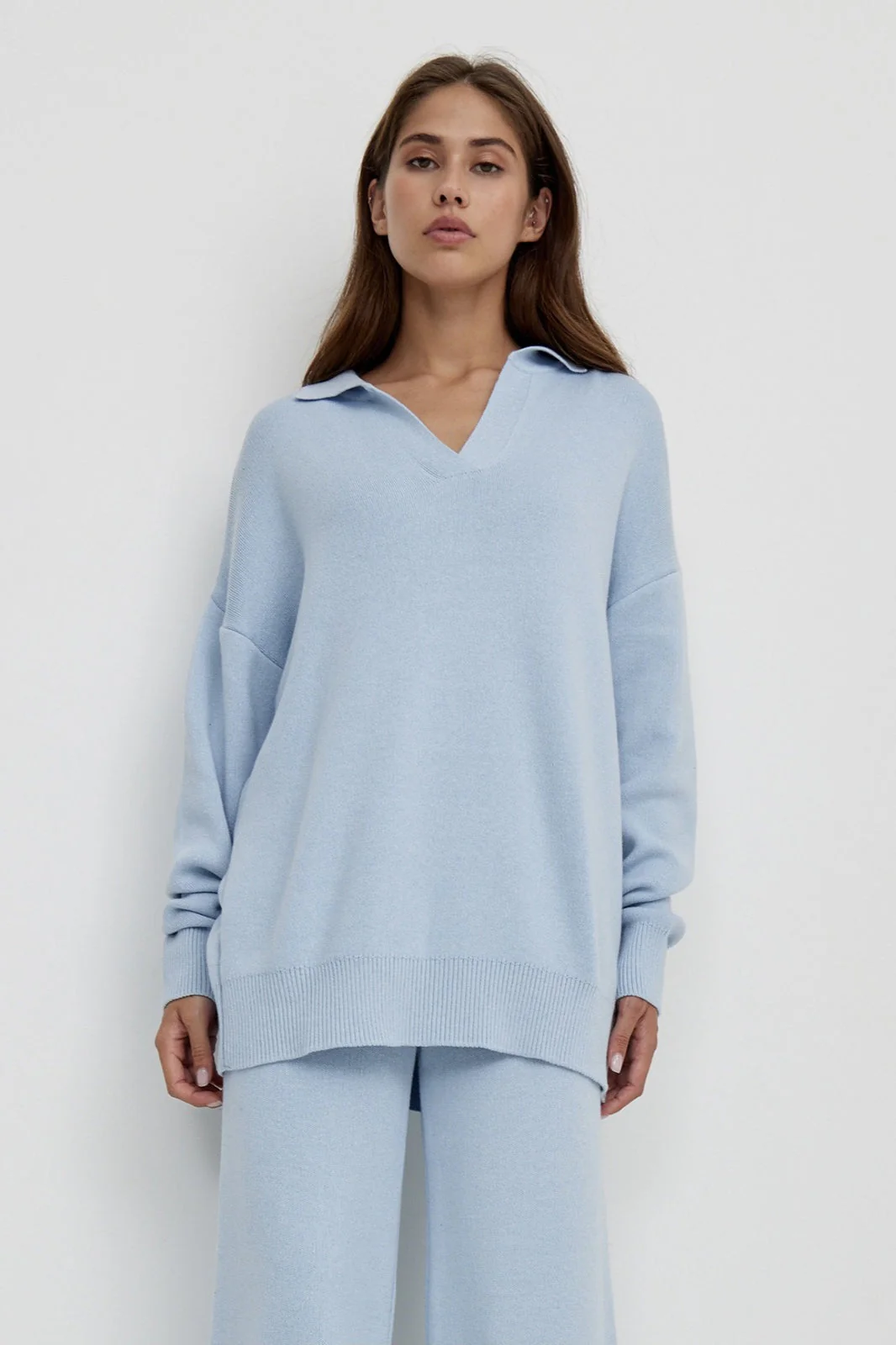 Polo Collar Knit Pullover Wide-Leg Pants Two Piece Set - Image 14