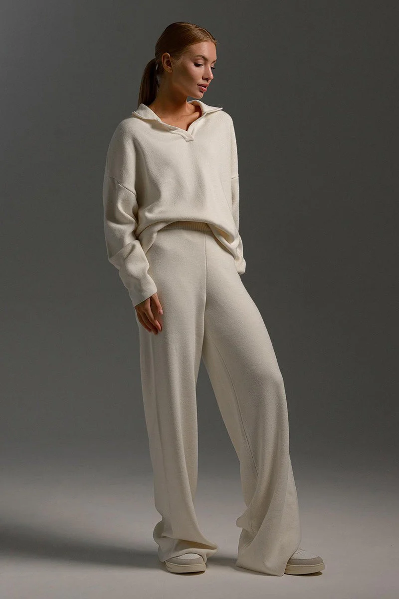 Polo Collar Knit Pullover Wide-Leg Pants Two Piece Set - Image 2