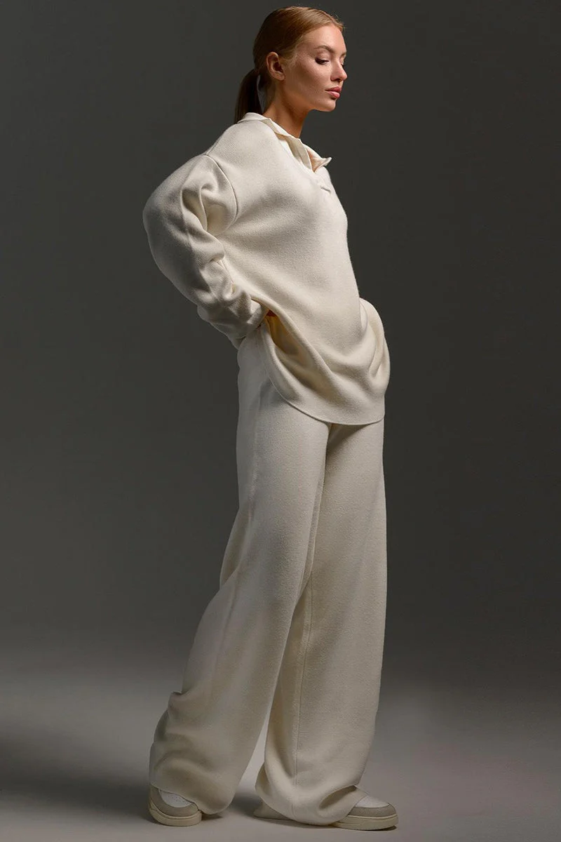 Polo Collar Knit Pullover Wide-Leg Pants Two Piece Set - Image 3