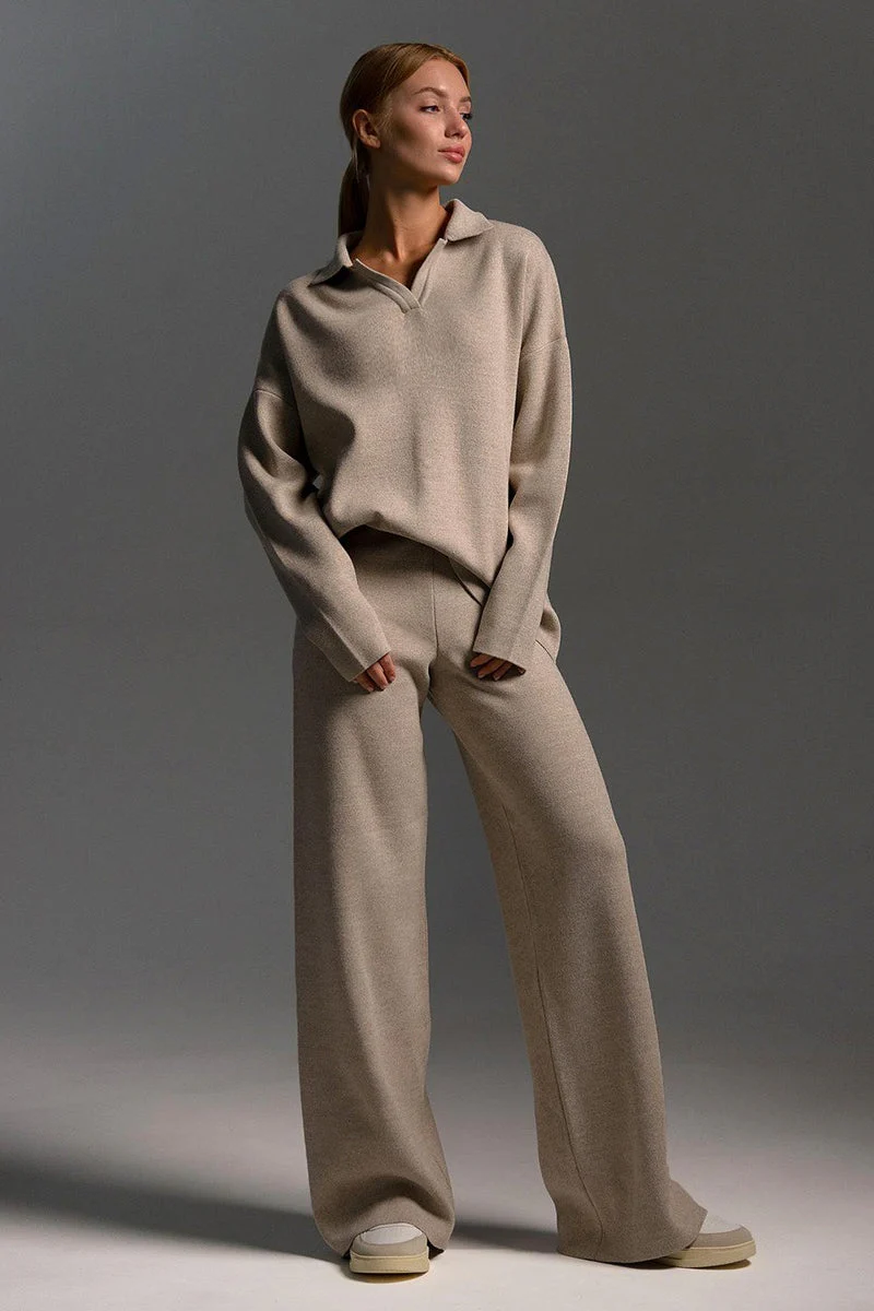 Polo Collar Knit Pullover Wide-Leg Pants Two Piece Set - Image 4