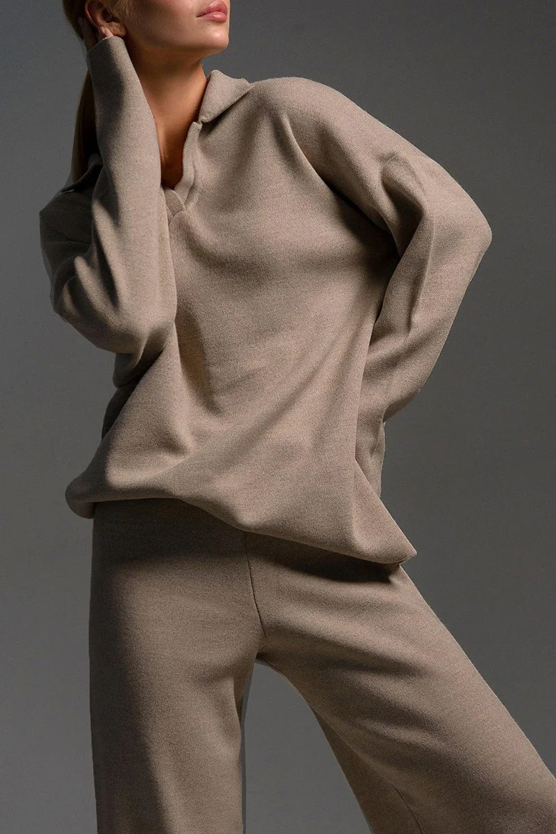 Polo Collar Knit Pullover Wide-Leg Pants Two Piece Set - Image 5