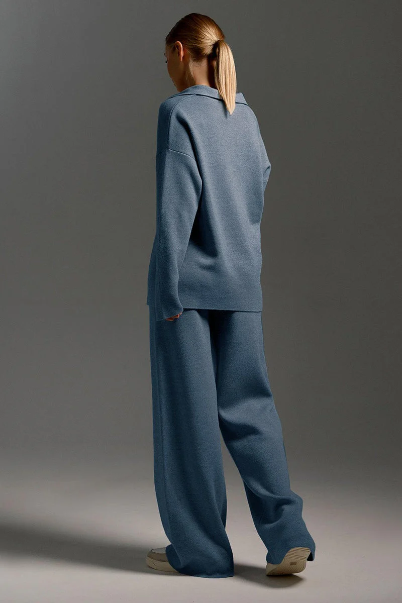 Polo Collar Knit Pullover Wide-Leg Pants Two Piece Set - Image 7
