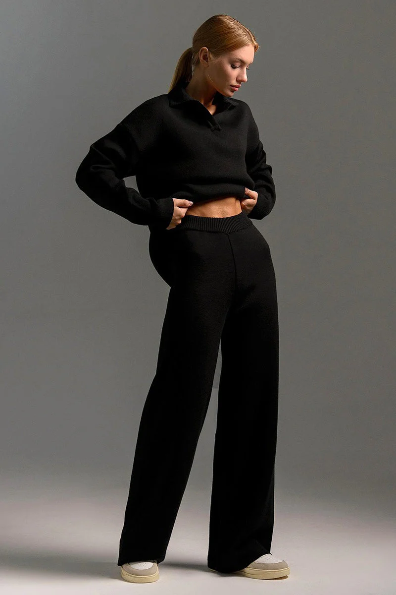 Polo Collar Knit Pullover Wide-Leg Pants Two Piece Set - Image 8
