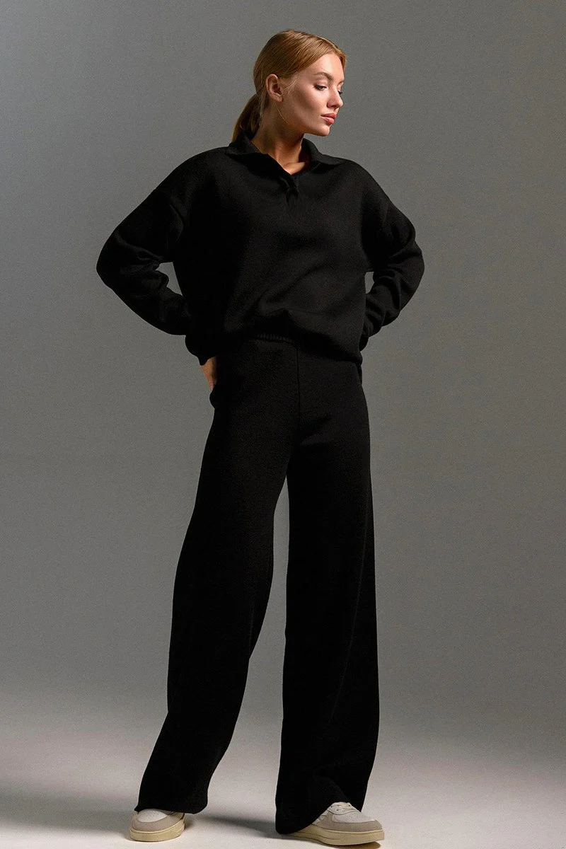 Polo Collar Knit Pullover Wide-Leg Pants Two Piece Set - Image 9