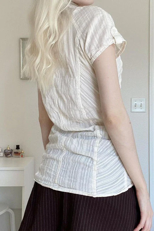 Polo Collar Ruched Slim Texture White Blouse - Image 2