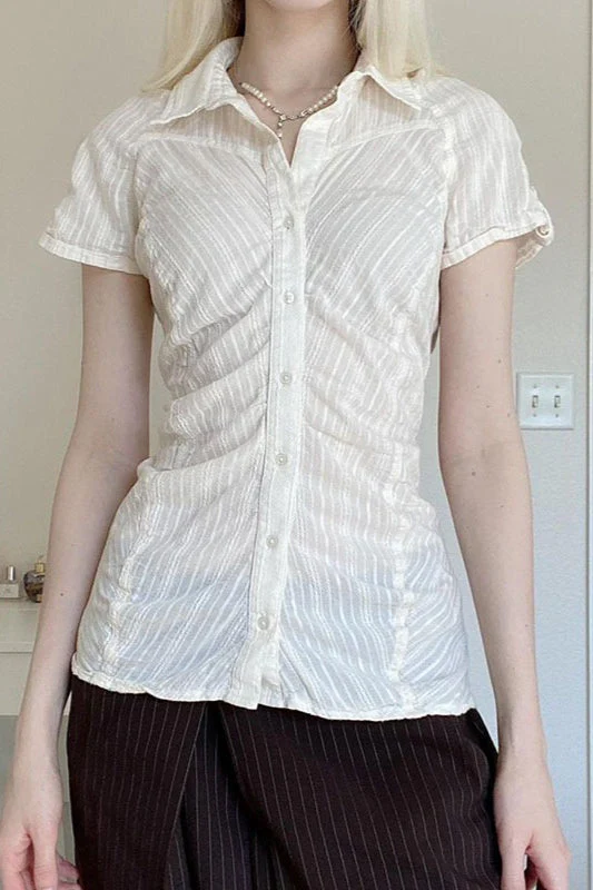 Polo Collar Ruched Slim Texture White Blouse - Image 3