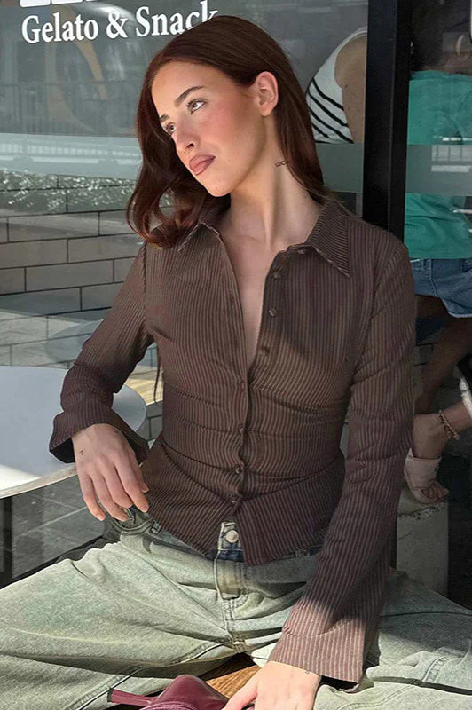 Polo Collar Striped Button Front Fitted Waist Blouse - Image 2