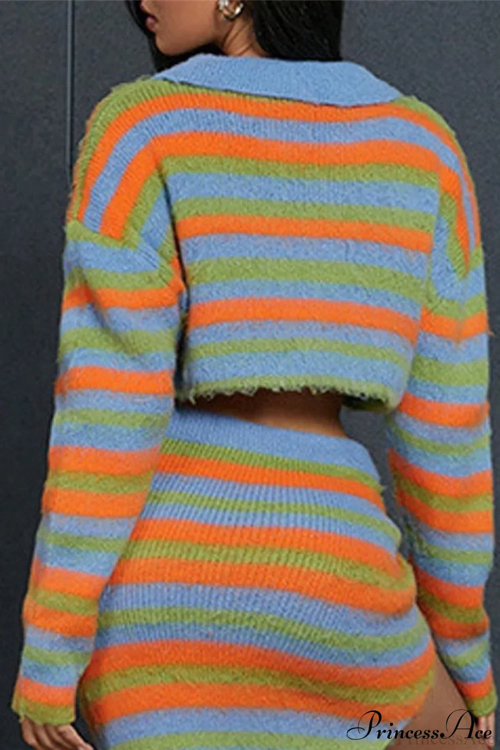 Polo Neck Striped Colorblock Slim Knit Crop Sweater - Image 3