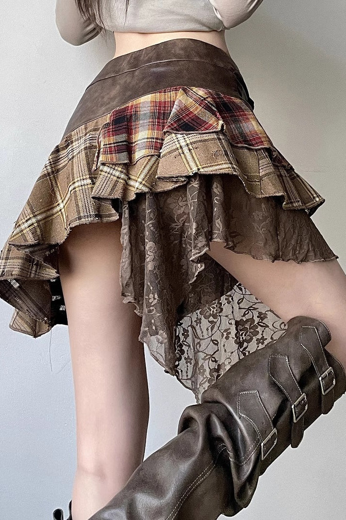Post-Apoc Plaid Paneled V-Waist Mini Skirt - Image 4