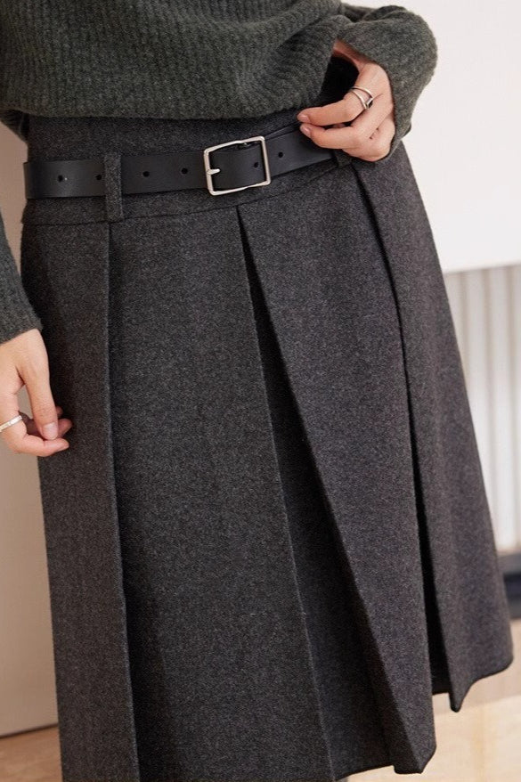 Preppy Dark Gray Wool Blend Pleated Skirt - Image 2
