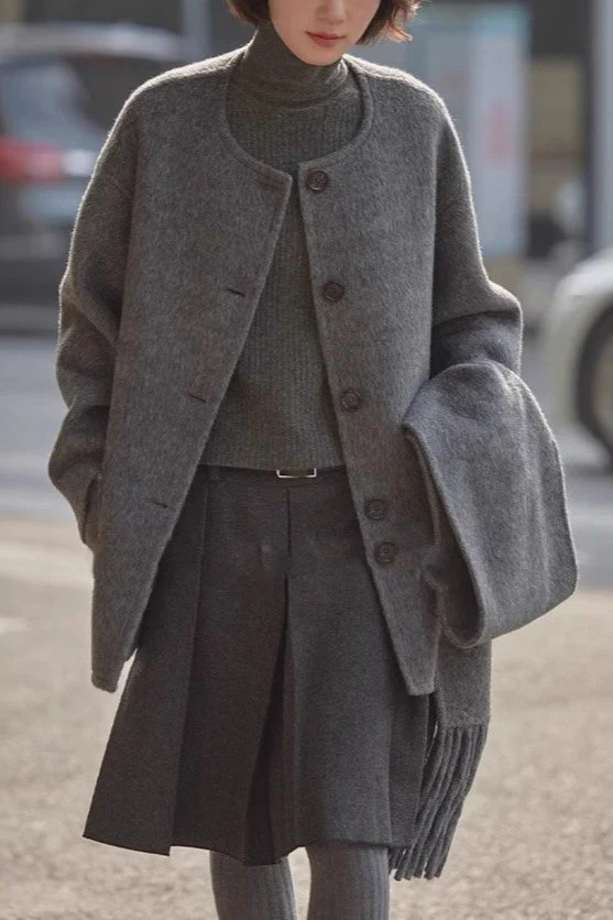 Preppy Dark Gray Wool Blend Pleated Skirt - Image 3