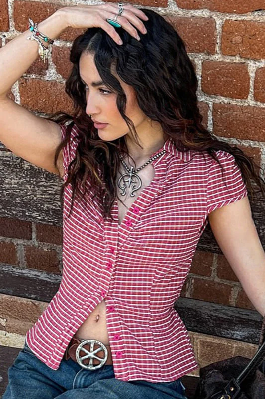 Preppy Plaid Button Down Collar Slim Blouse - Image 2