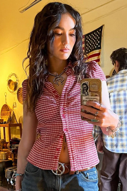 Preppy Plaid Button Down Collar Slim Blouse - Image 3