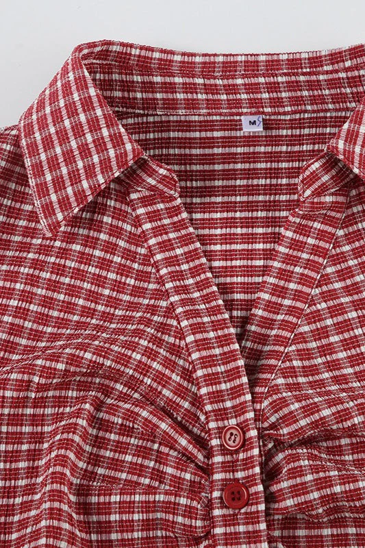 Preppy Plaid Button Down Collar Slim Blouse - Image 5