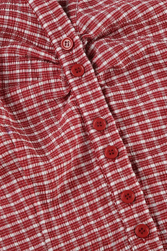 Preppy Plaid Button Down Collar Slim Blouse - Image 6