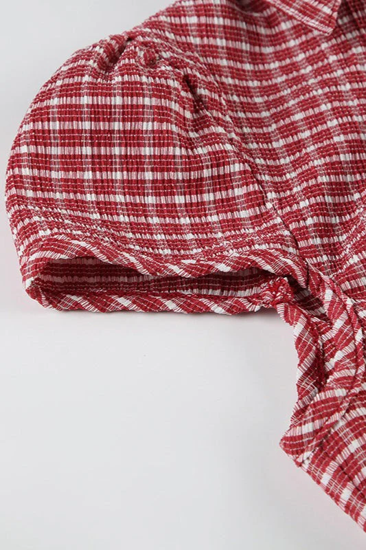 Preppy Plaid Button Down Collar Slim Blouse - Image 7