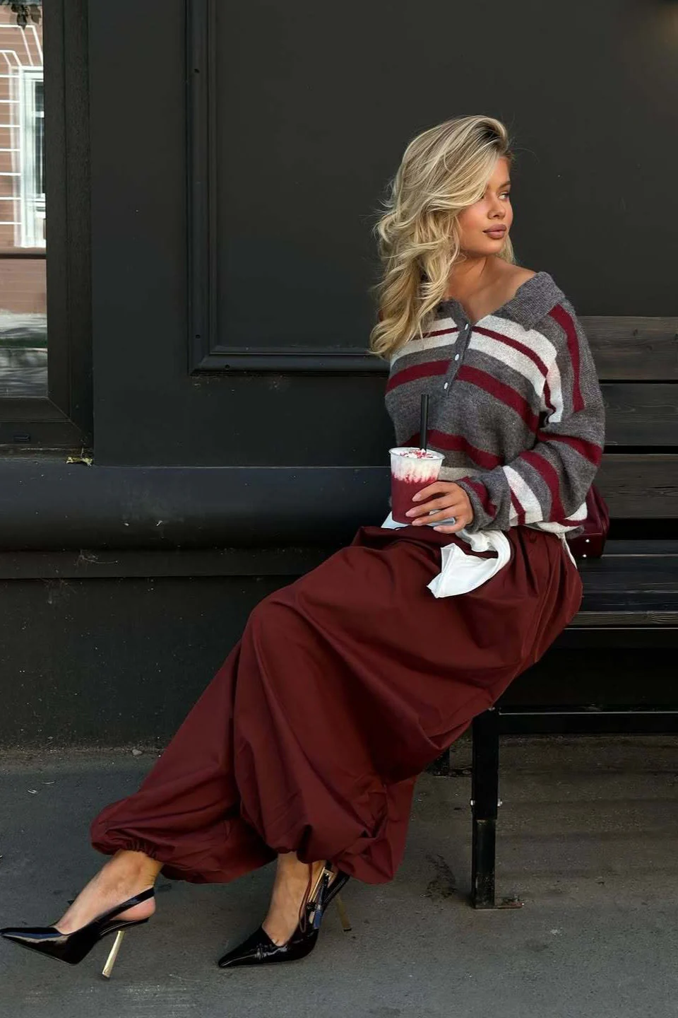 Preppy Style Wide Stripe Polo Collar Knit Blouse - Image 4