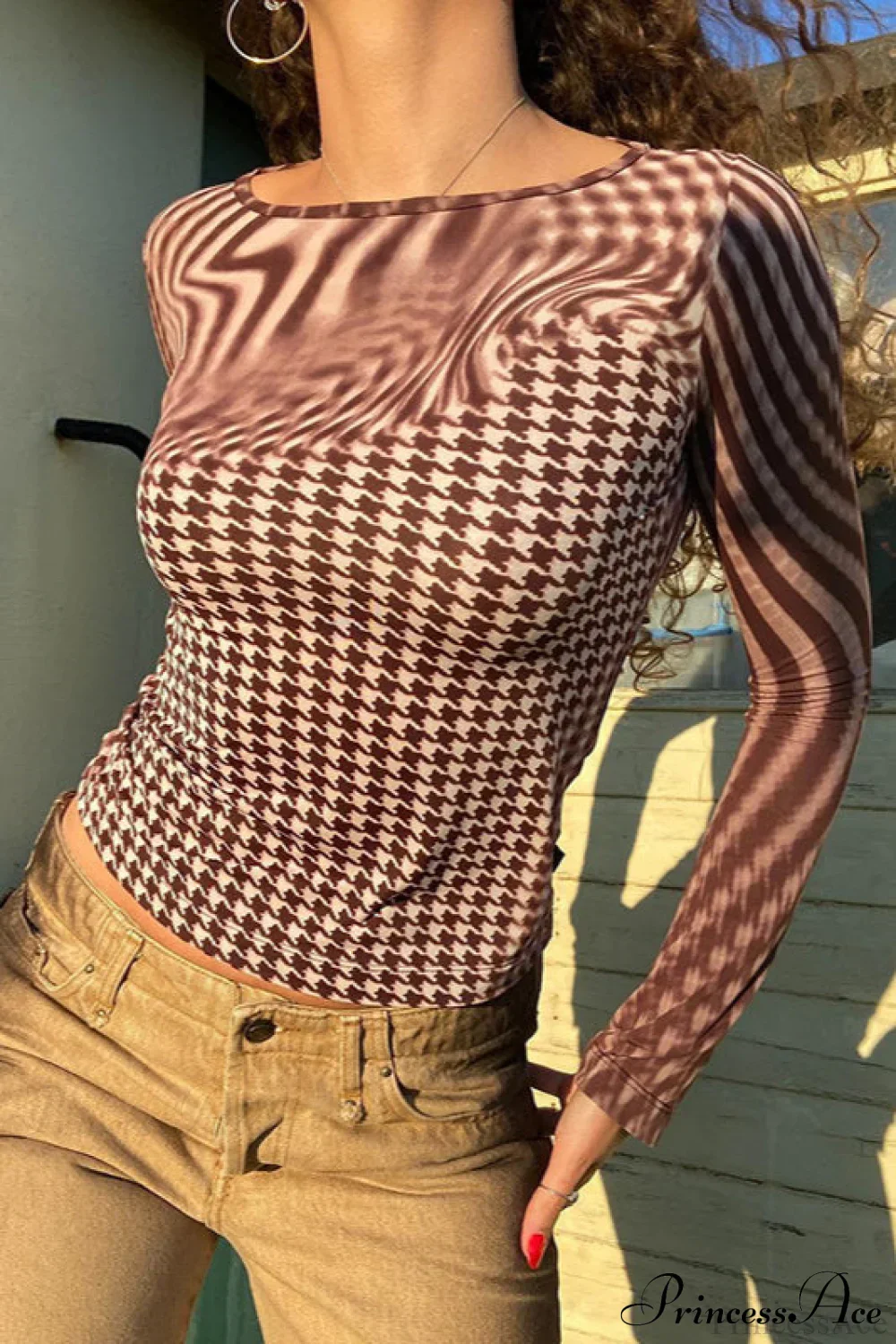 Printed Crew Neck Cropped Long Sleeve Tee - Image 2