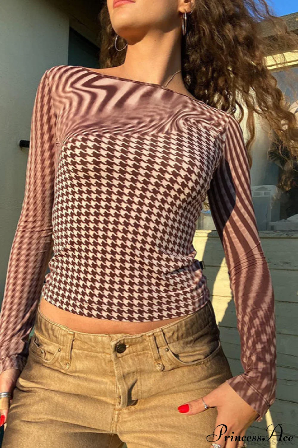 Printed Crew Neck Cropped Long Sleeve Tee - Image 3