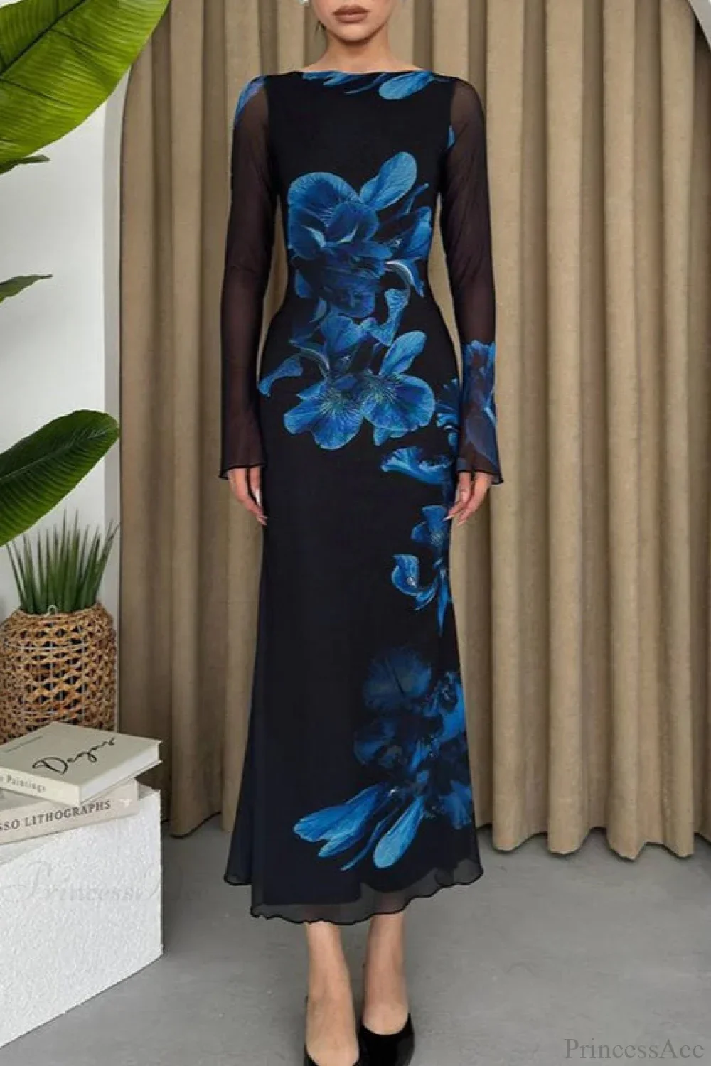 Printed Tulle Panel Fitted Maxi Dress - Image 3