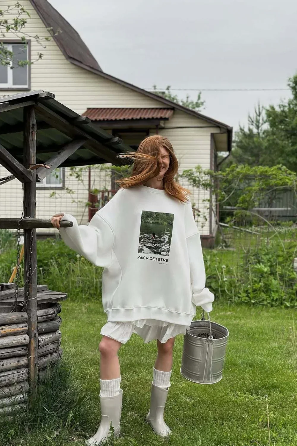 Printed White Loose Casual Crew Neck Pullover Sweatshirt - Image 2