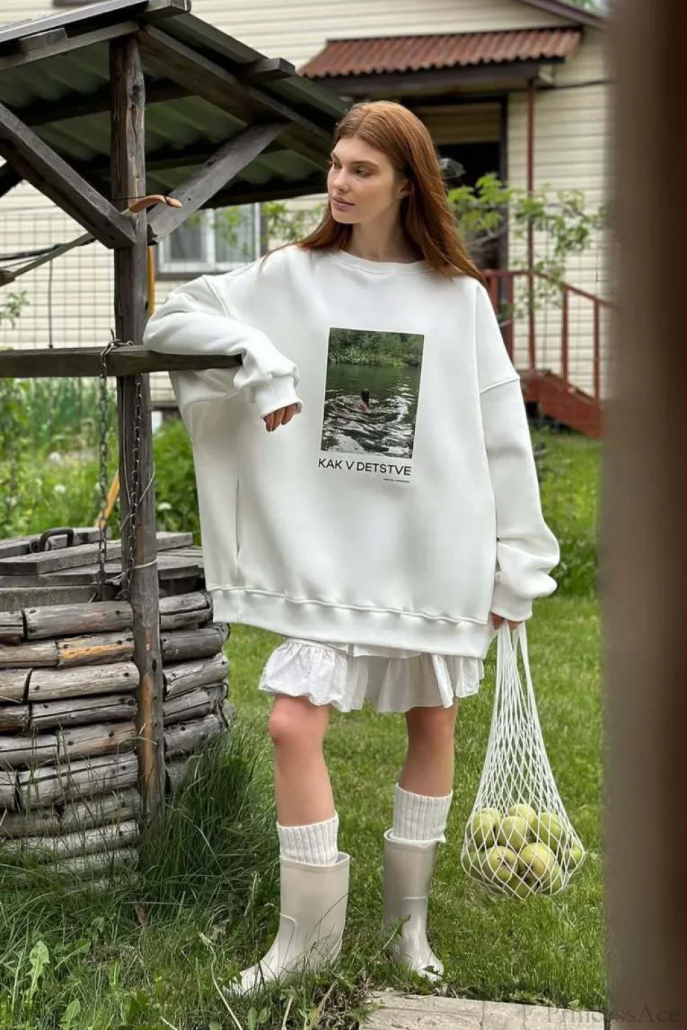 Printed White Loose Casual Crew Neck Pullover Sweatshirt - Image 4