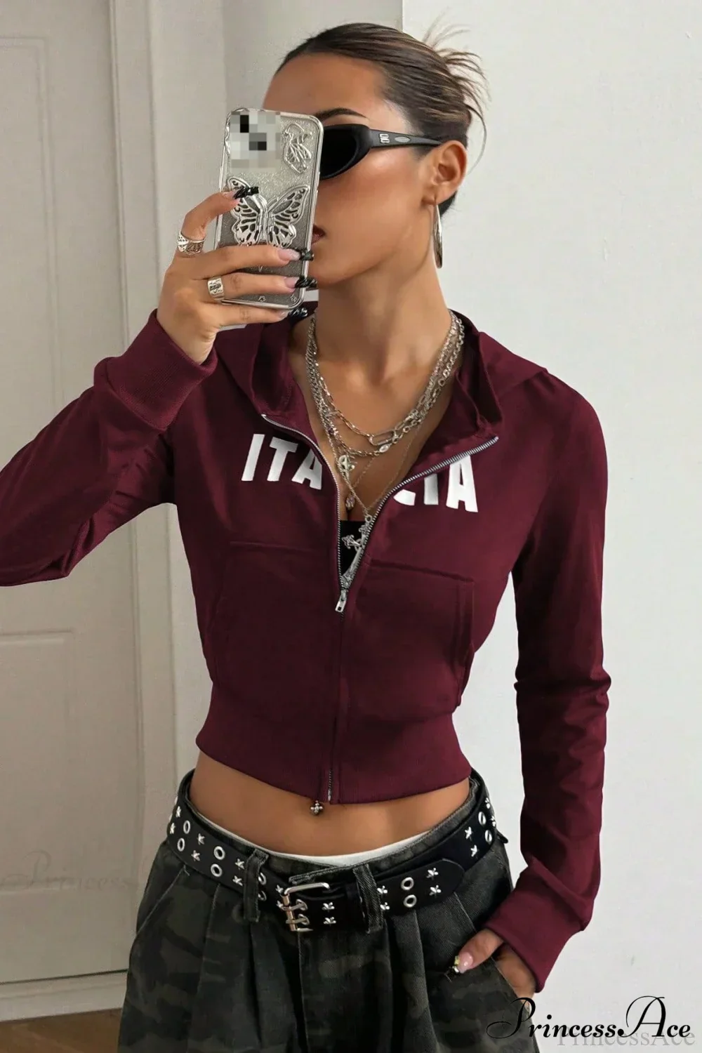 Printed Zip-Up Cropped Hoodie - Image 5