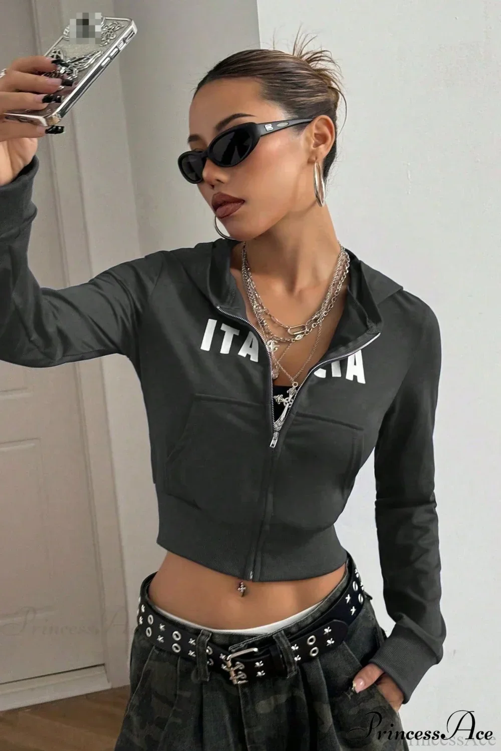 Printed Zip-Up Cropped Hoodie - Image 8