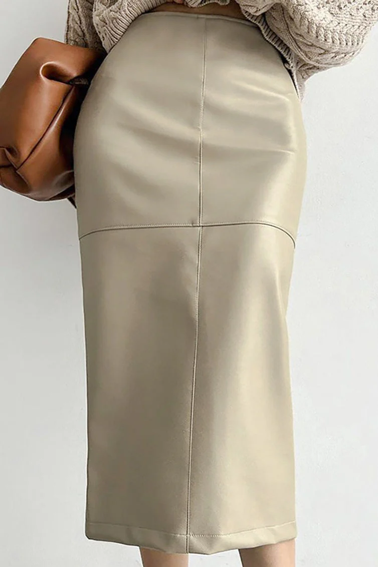 PU Leather Split Slim-Fit Skirt - Image 2