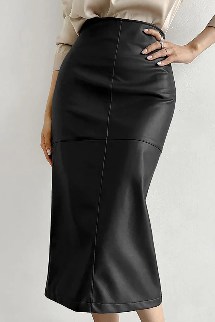 PU Leather Split Slim-Fit Skirt - Image 3