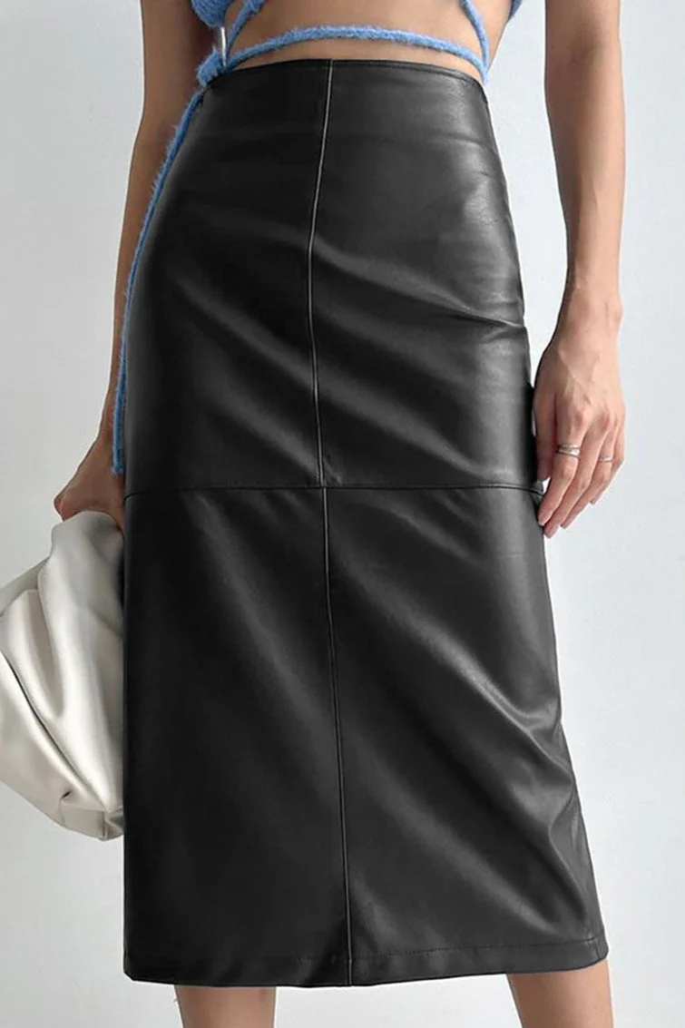 PU Leather Split Slim-Fit Skirt - Image 4