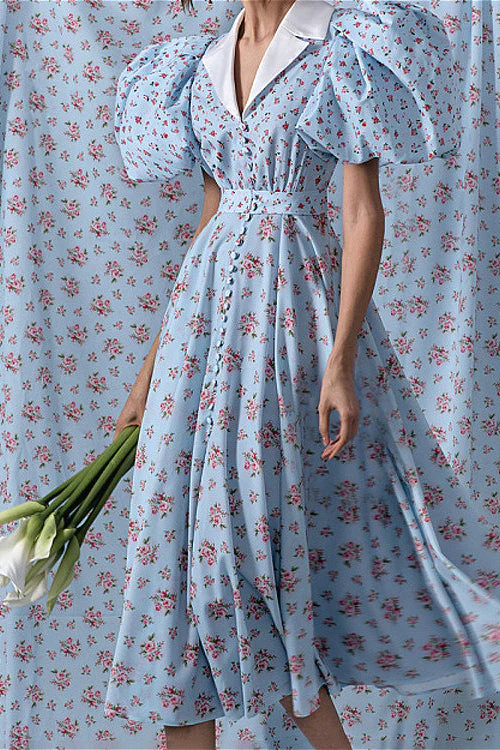 Puff Sleeve Collared High Waist Buttoned A Line Floral Dress - Image 2
