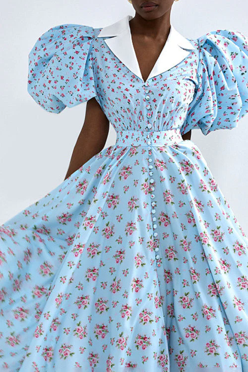 Puff Sleeve Collared High Waist Buttoned A Line Floral Dress - Image 3