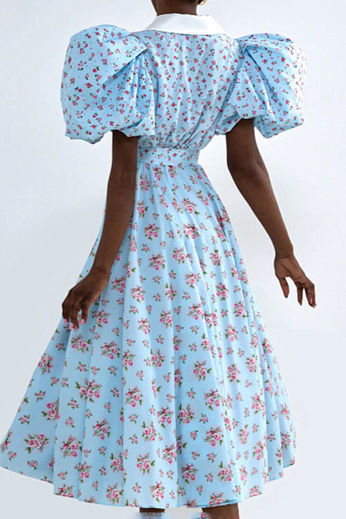 Puff Sleeve Collared High Waist Buttoned A Line Floral Dress - Image 4