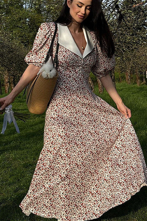 Puff Sleeve Digital Print Peter Pan Collar High Waist Maxi Floral Dress - Image 2