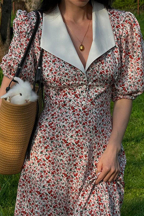 Puff Sleeve Digital Print Peter Pan Collar High Waist Maxi Floral Dress - Image 4