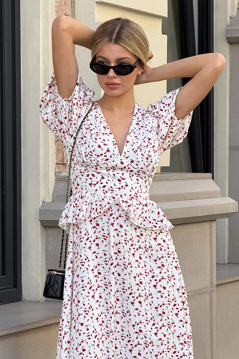 Puff Sleeve Fitted Waist Floral Dress - Image 2
