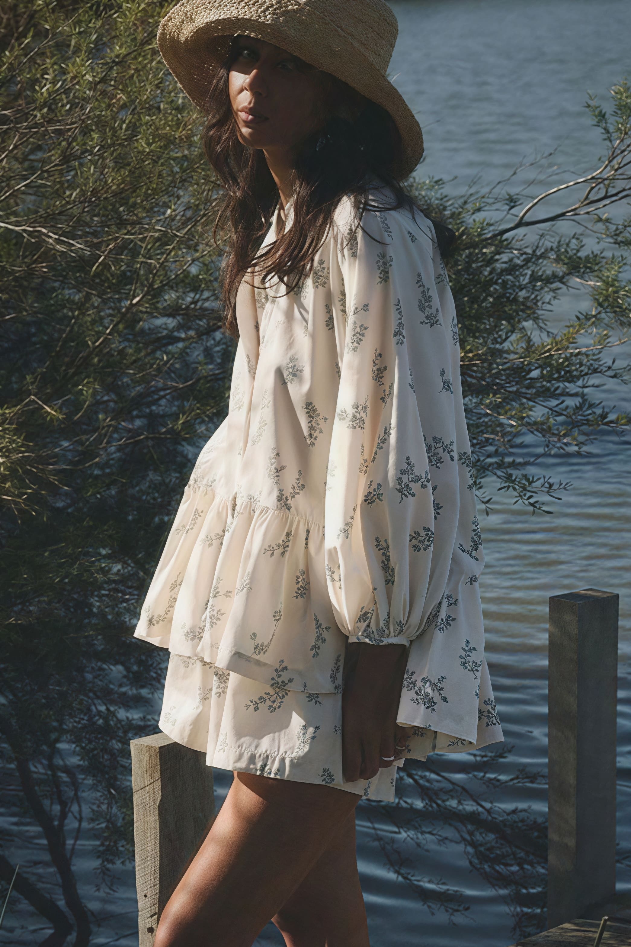Puff Sleeve High Neck Ruffle Floral Two Piece Set - Image 2
