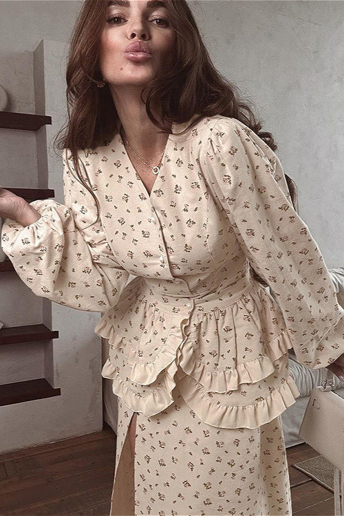 Puff Sleeve V Neck Ruffled Belted Split Elegant Floral Dress