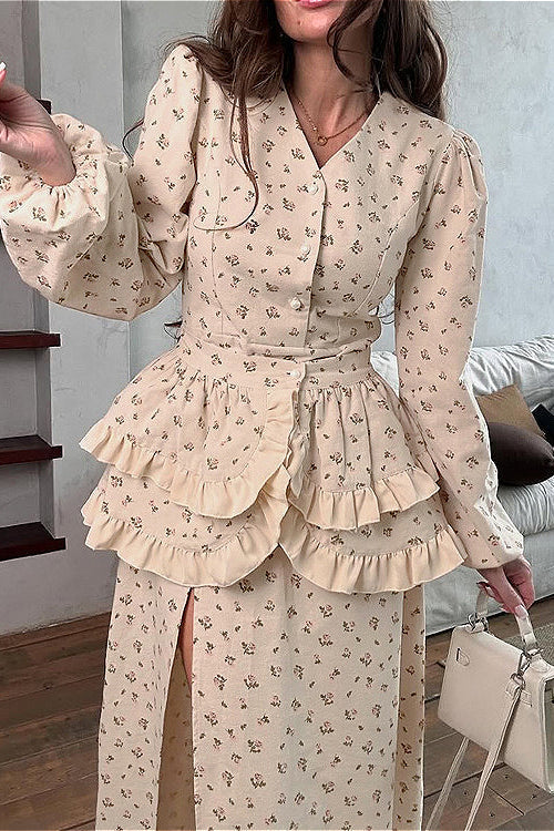 Puff Sleeve V Neck Ruffled Belted Split Elegant Floral Dress - Image 2